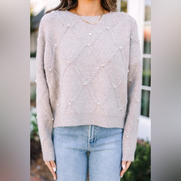 Dreamers by Debut Taupe Brown Pearl Embellished Sweater - Picture 2 of 10